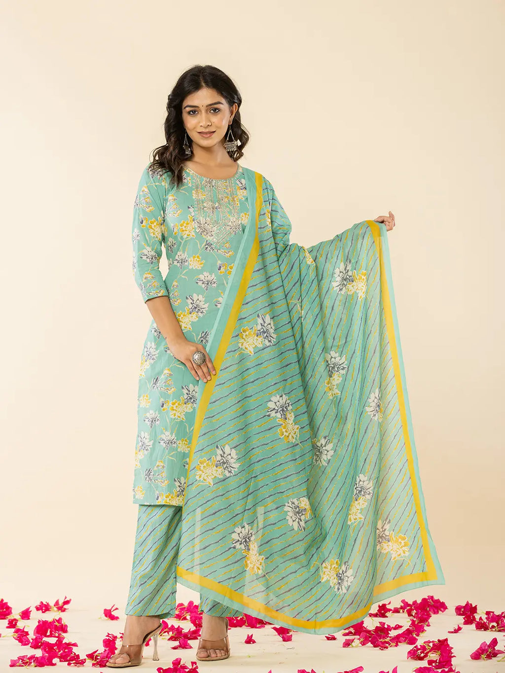 Yufta Sea Green Cotton Dori_Embroidery Straight Kurta Dupatta Pant Set