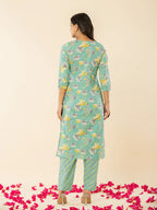 Yufta Sea Green Cotton Dori_Embroidery Straight Kurta Dupatta Pant Set