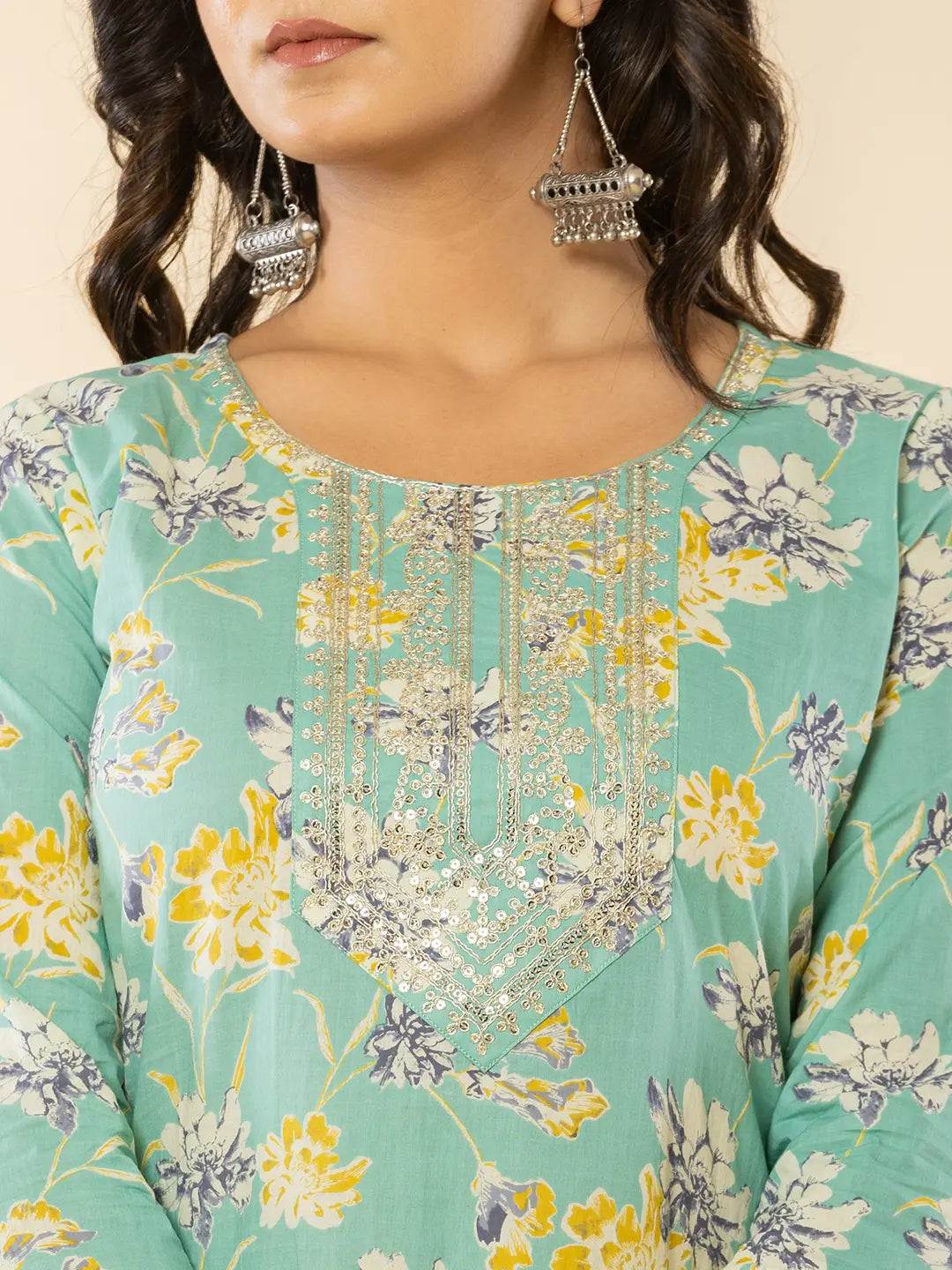 Yufta Sea Green Cotton Dori_Embroidery Straight Kurta Dupatta Pant Set