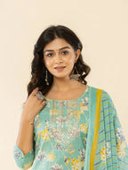 Yufta Sea Green Cotton Dori_Embroidery Straight Kurta Dupatta Pant Set