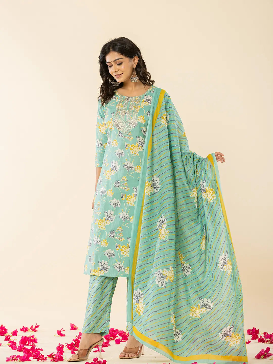 Yufta Sea Green Cotton Dori_Embroidery Straight Kurta Dupatta Pant Set