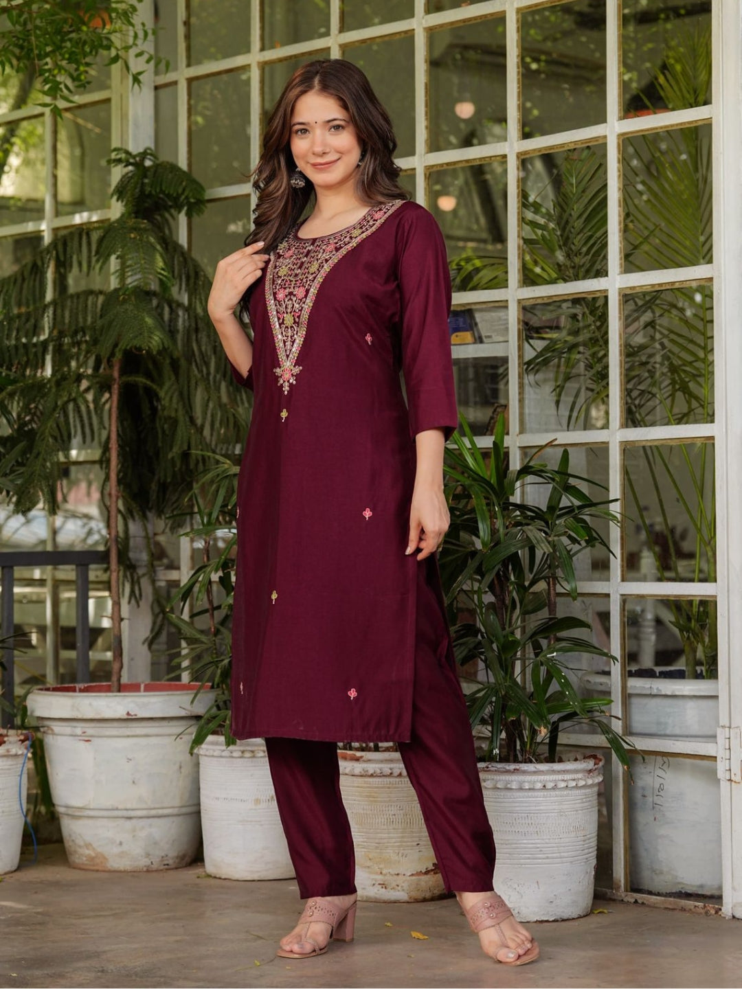 The52 Women's Gorgeous Rayon Slub Embroidery Straight Kurta with Pant And Dupatta Set - Distacart