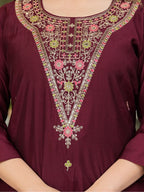 The52 Women's Gorgeous Rayon Slub Embroidery Straight Kurta with Pant And Dupatta Set - Distacart