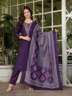 The52 Women's Gorgeous Rayon Slub Embroidery Straight Kurta with Pant And Dupatta Set - Distacart
