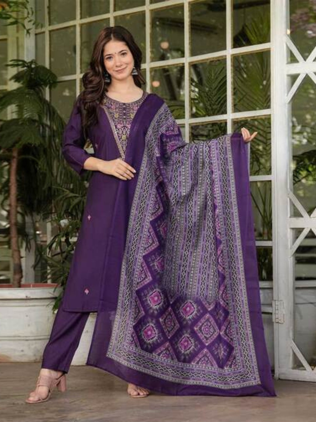 The52 Women's Gorgeous Rayon Slub Embroidery Straight Kurta with Pant And Dupatta Set - Distacart