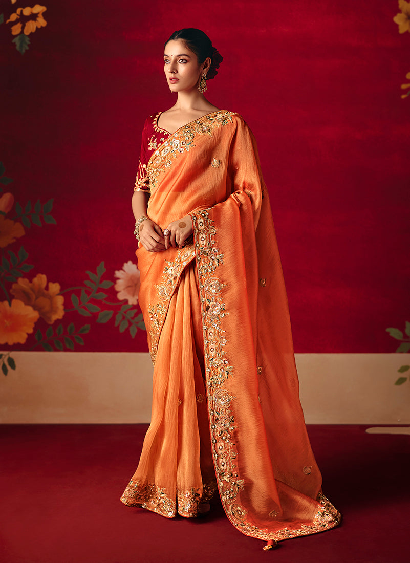 Monjolika Fashion Rust Fancy Fabric Embroidered Thread Work Classic Saree - Distacart
