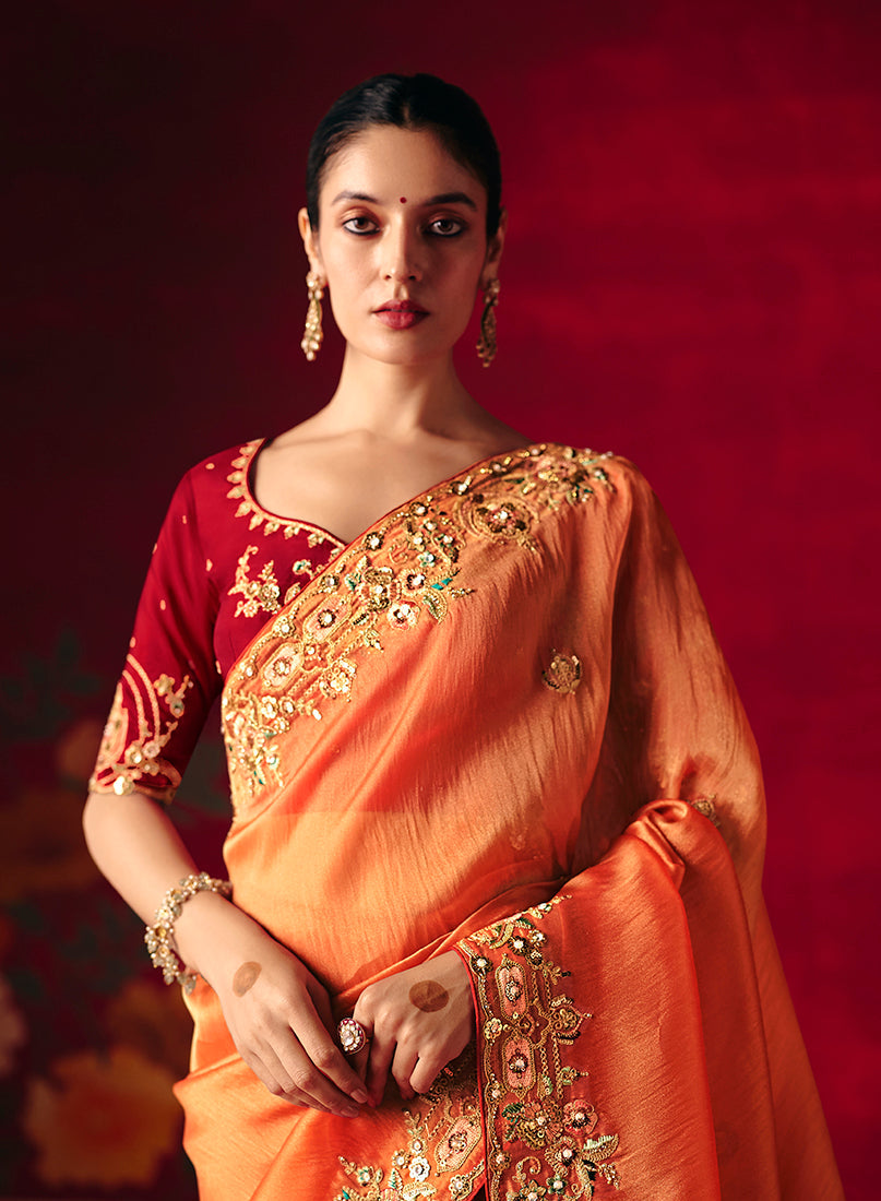 Monjolika Fashion Rust Fancy Fabric Embroidered Thread Work Classic Saree - Distacart