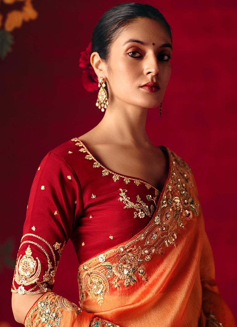 Monjolika Fashion Rust Fancy Fabric Embroidered Thread Work Classic Saree - Distacart