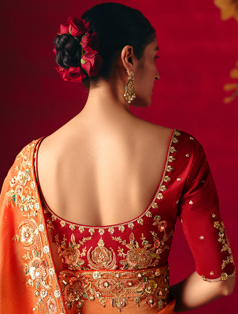 Monjolika Fashion Rust Fancy Fabric Embroidered Thread Work Classic Saree - Distacart