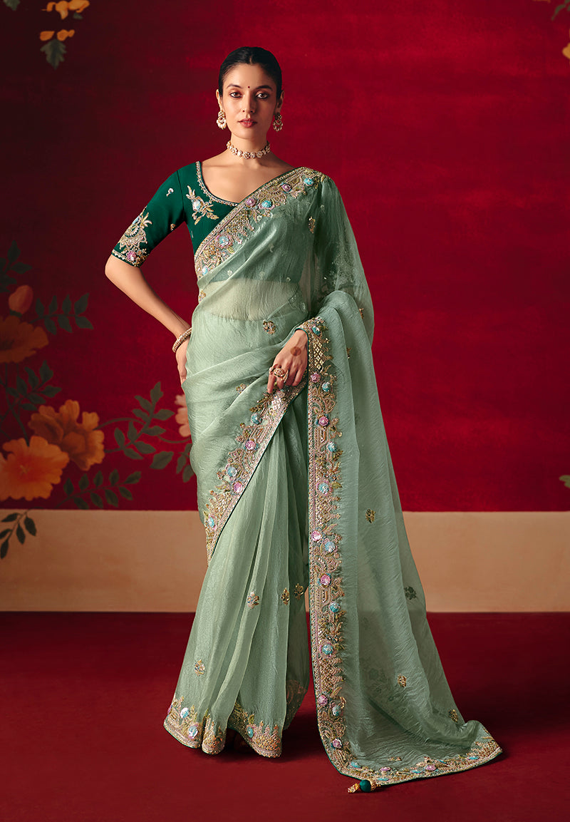 Monjolika Fashion Sea Green Fancy Fabric Embroidered Thread Work Classic Saree - Distacart