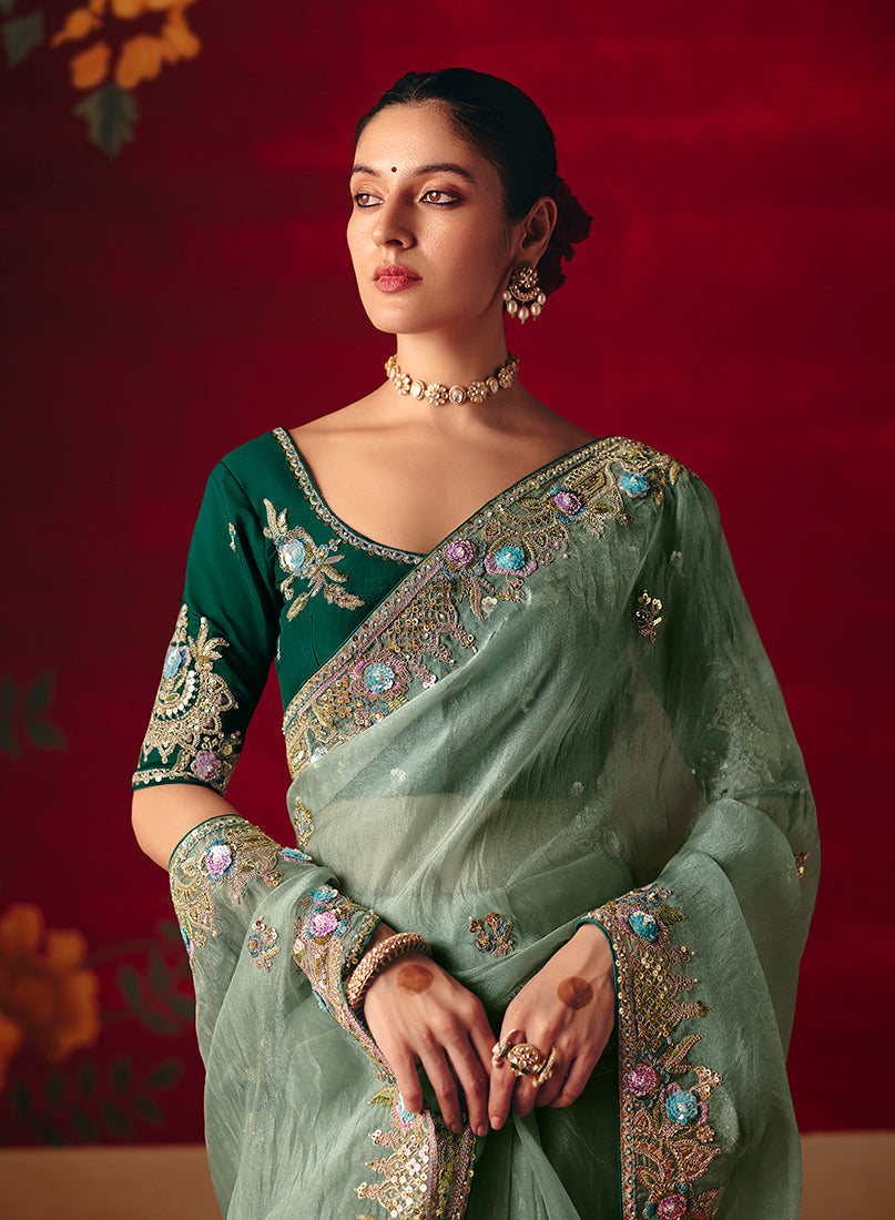 Monjolika Fashion Sea Green Fancy Fabric Embroidered Thread Work Classic Saree - Distacart