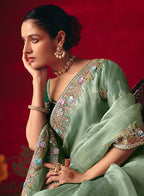 Monjolika Fashion Sea Green Fancy Fabric Embroidered Thread Work Classic Saree - Distacart