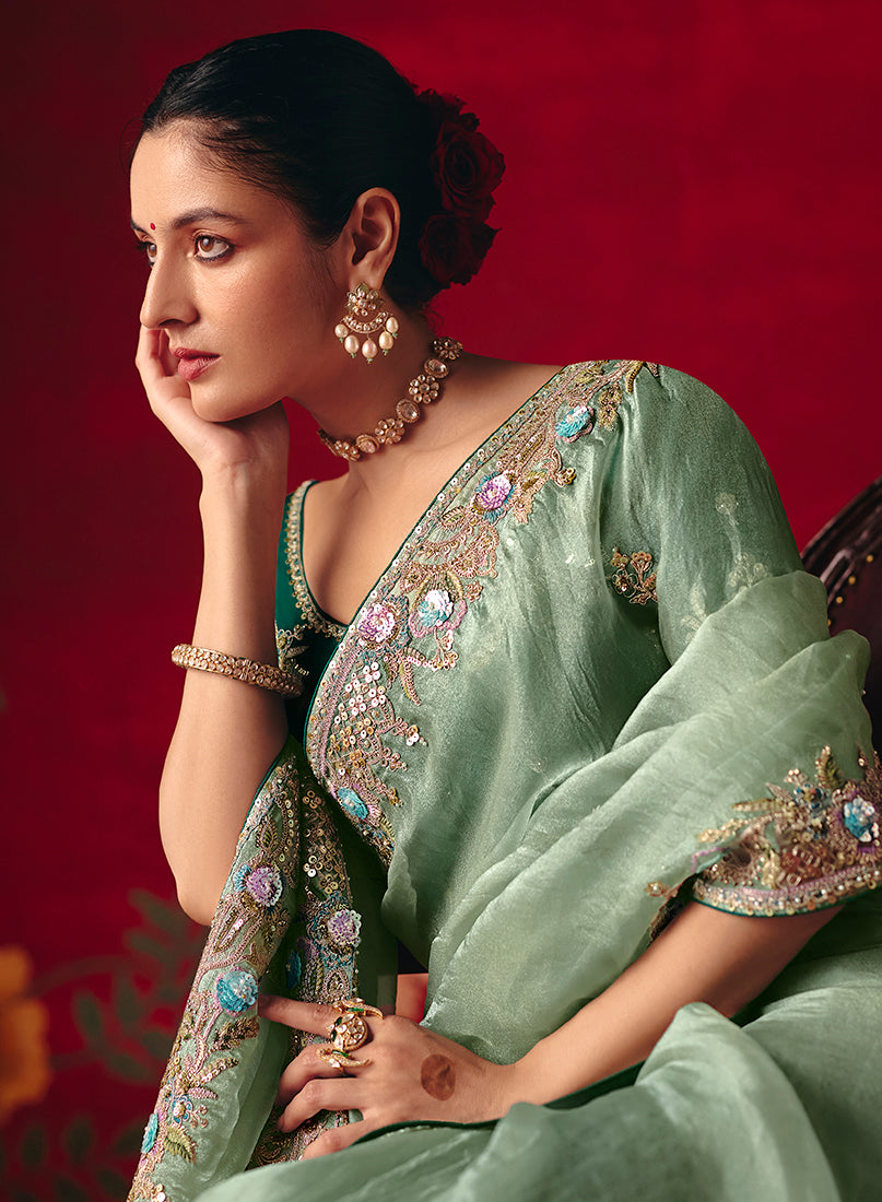 Monjolika Fashion Sea Green Fancy Fabric Embroidered Thread Work Classic Saree - Distacart