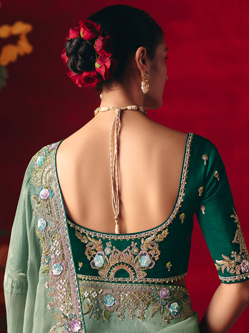 Monjolika Fashion Sea Green Fancy Fabric Embroidered Thread Work Classic Saree - Distacart