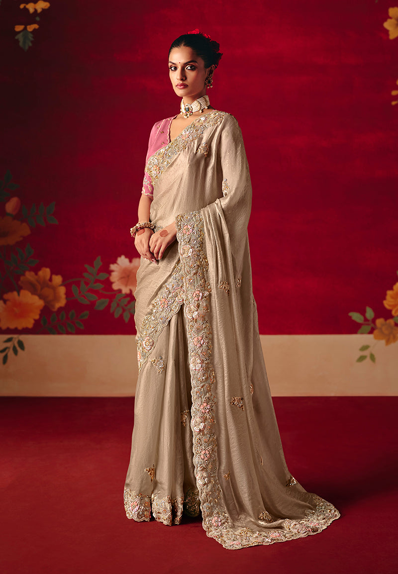 Monjolika Fashion Beige Fancy Fabric Embroidered Thread Work Classic Saree - Distacart