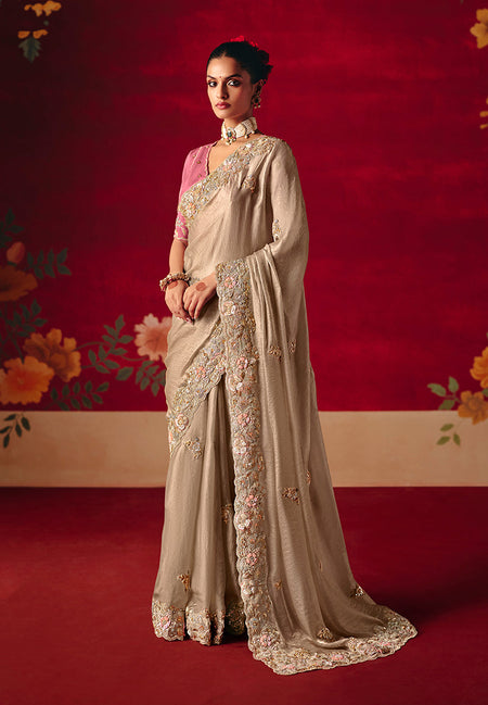 Monjolika Fashion Beige Fancy Fabric Embroidered Thread Work Classic Saree