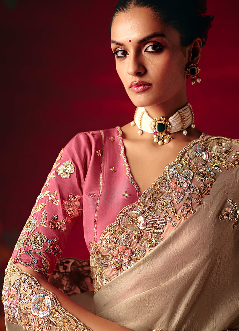 Monjolika Fashion Beige Fancy Fabric Embroidered Thread Work Classic Saree - Distacart