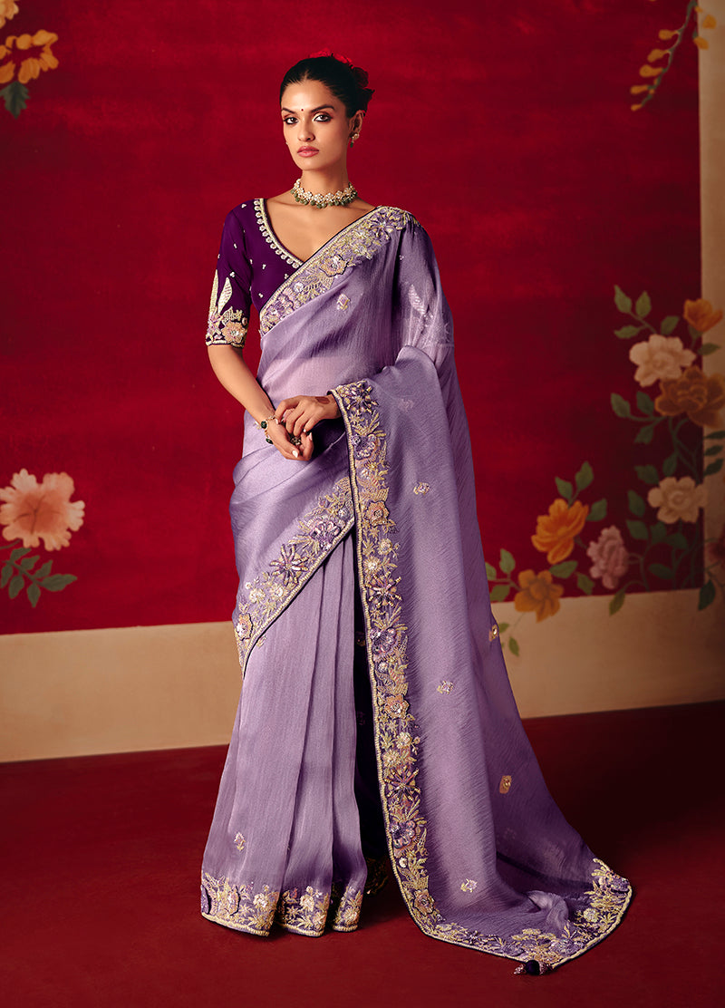 Monjolika Fashion Lavender Fancy Fabric Embroidered Thread Work Classic Saree - Distacart