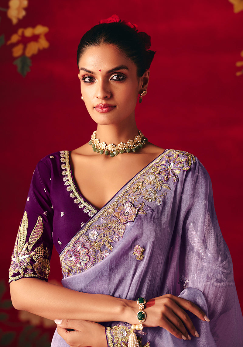 Monjolika Fashion Lavender Fancy Fabric Embroidered Thread Work Classic Saree - Distacart