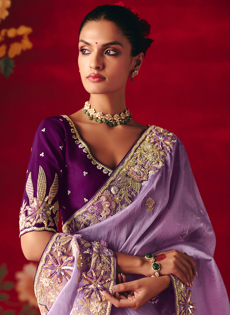 Monjolika Fashion Lavender Fancy Fabric Embroidered Thread Work Classic Saree - Distacart