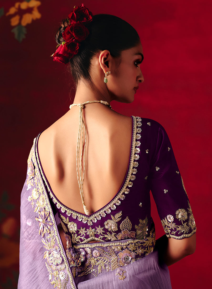 Monjolika Fashion Lavender Fancy Fabric Embroidered Thread Work Classic Saree - Distacart