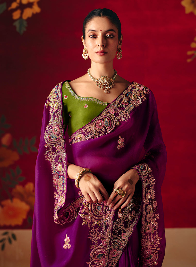 Monjolika Fashion Purple Fancy Fabric Embroidered Thread Work Classic Saree - Distacart