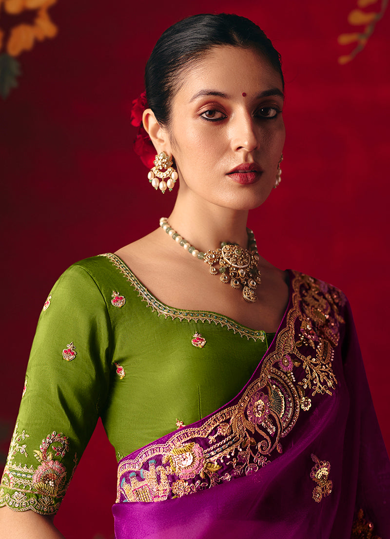 Monjolika Fashion Purple Fancy Fabric Embroidered Thread Work Classic Saree - Distacart
