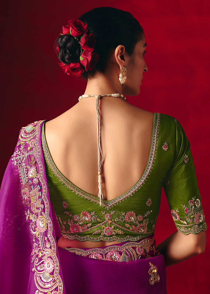 Monjolika Fashion Purple Fancy Fabric Embroidered Thread Work Classic Saree - Distacart