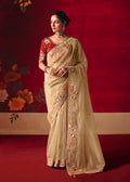 Monjolika Fashion Beige Fancy Fabric Embroidered Thread Work Classic Saree - Distacart