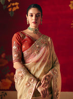 Monjolika Fashion Beige Fancy Fabric Embroidered Thread Work Classic Saree - Distacart