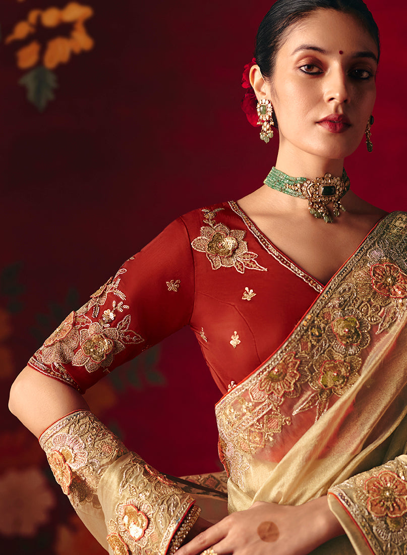 Monjolika Fashion Beige Fancy Fabric Embroidered Thread Work Classic Saree - Distacart
