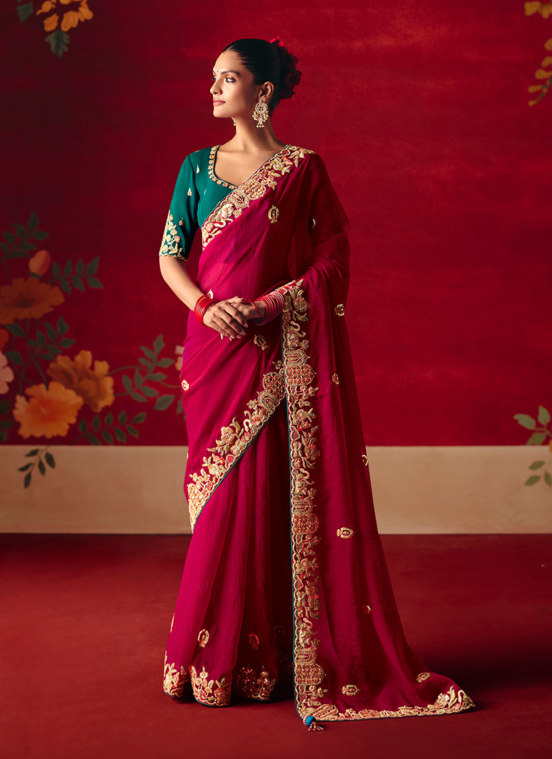 Monjolika Fashion Rani Pink Fancy Fabric Embroidered Thread Work Classic Saree - Distacart