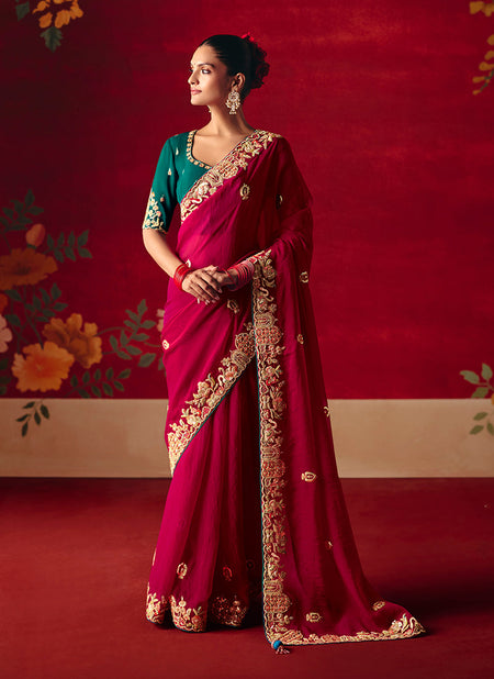 Monjolika Fashion Rani Pink Fancy Fabric Embroidered Thread Work Classic Saree