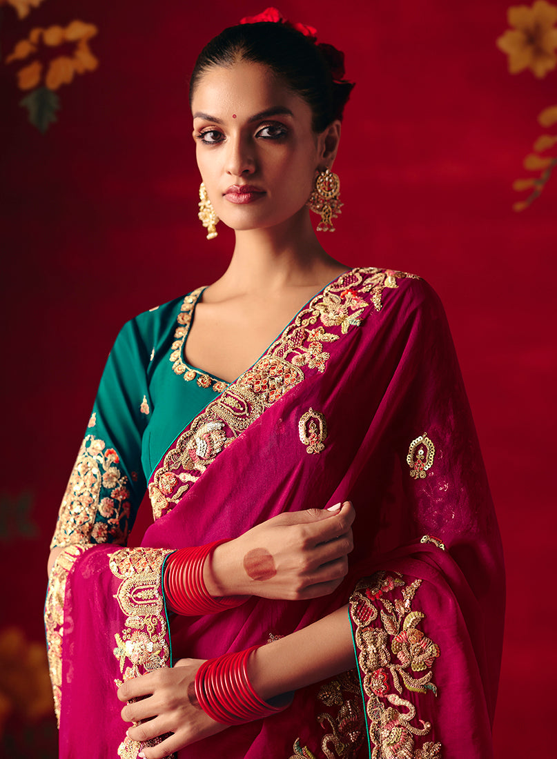 Monjolika Fashion Rani Pink Fancy Fabric Embroidered Thread Work Classic Saree - Distacart