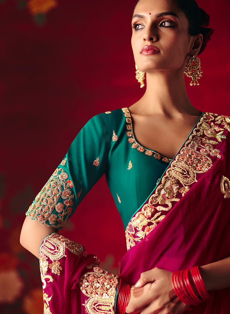 Monjolika Fashion Rani Pink Fancy Fabric Embroidered Thread Work Classic Saree - Distacart