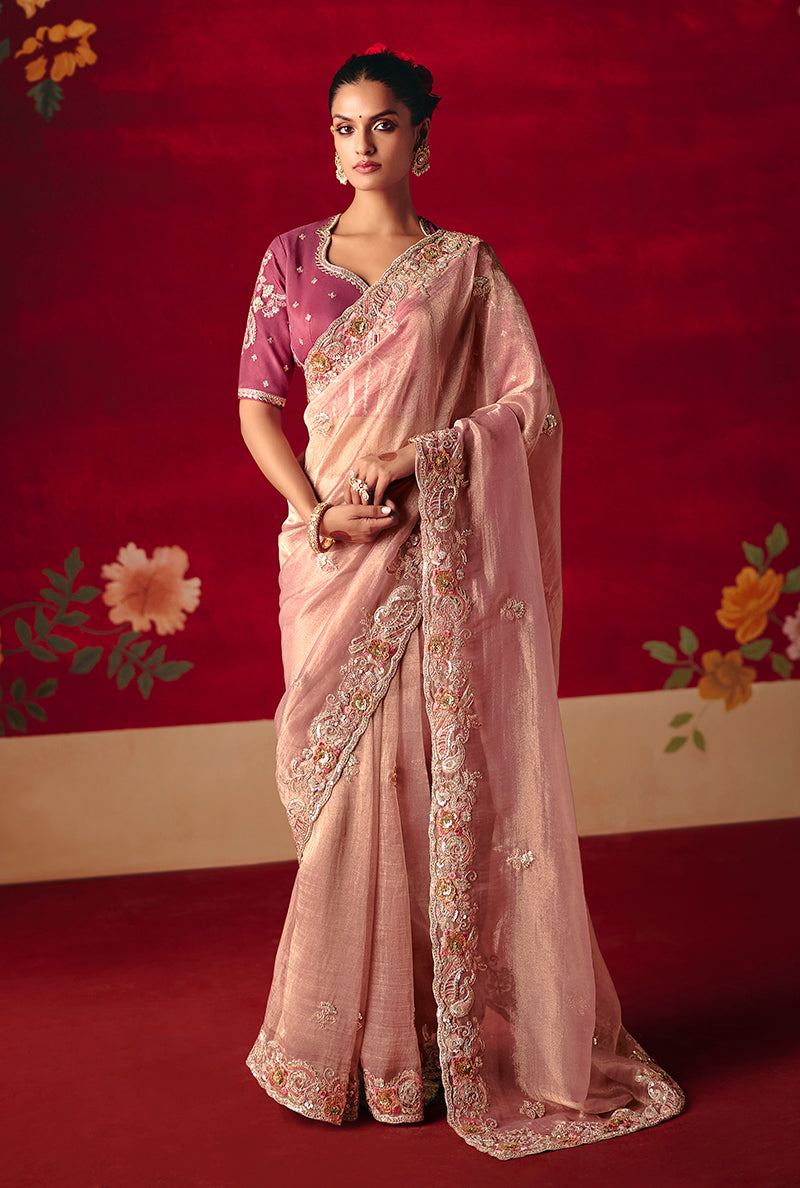 Monjolika Fashion Light Pink Fancy Fabric Embroidered Thread Work Classic Saree - Distacart