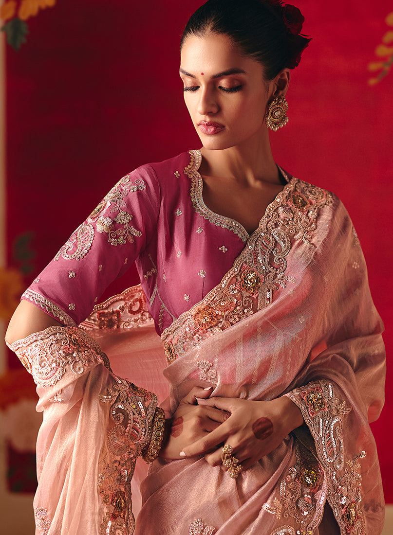 Monjolika Fashion Light Pink Fancy Fabric Embroidered Thread Work Classic Saree - Distacart