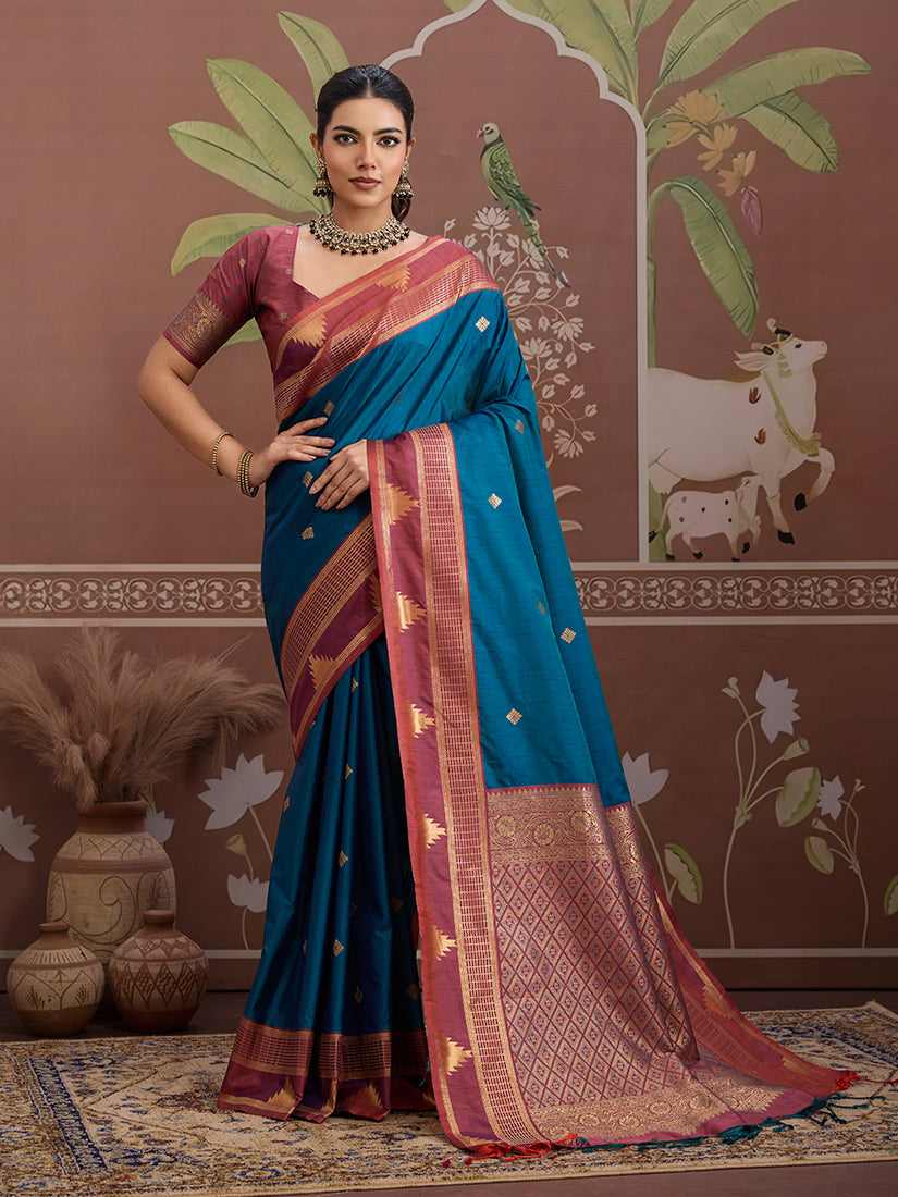 Monjolika Fashion Teal Blue Weaving Work Tussar Silk Festival Contemporary Saree - Distacart