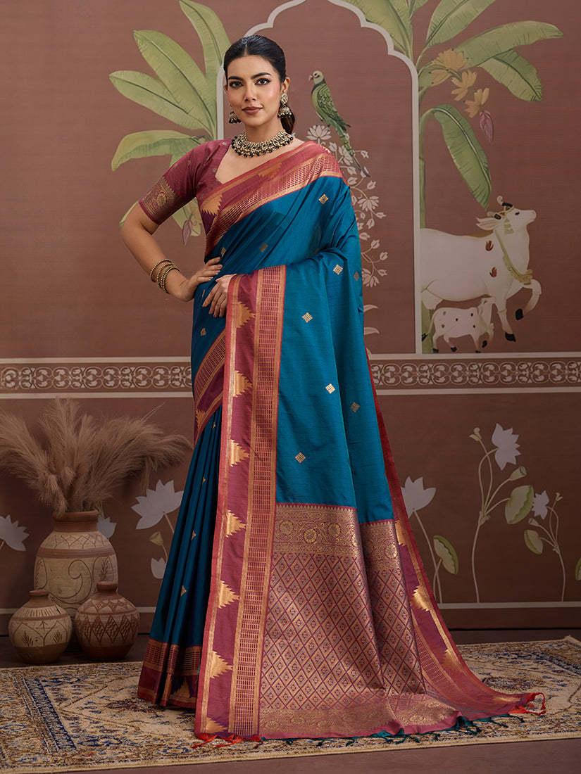 Monjolika Fashion Teal Blue Weaving Work Tussar Silk Festival Contemporary Saree - Distacart