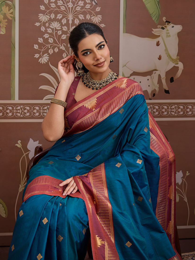 Monjolika Fashion Teal Blue Weaving Work Tussar Silk Festival Contemporary Saree - Distacart