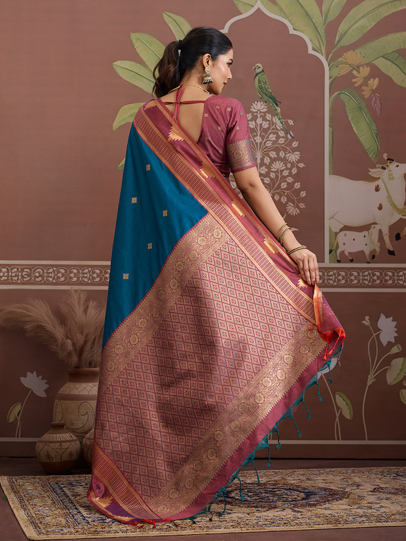 Monjolika Fashion Teal Blue Weaving Work Tussar Silk Festival Contemporary Saree - Distacart