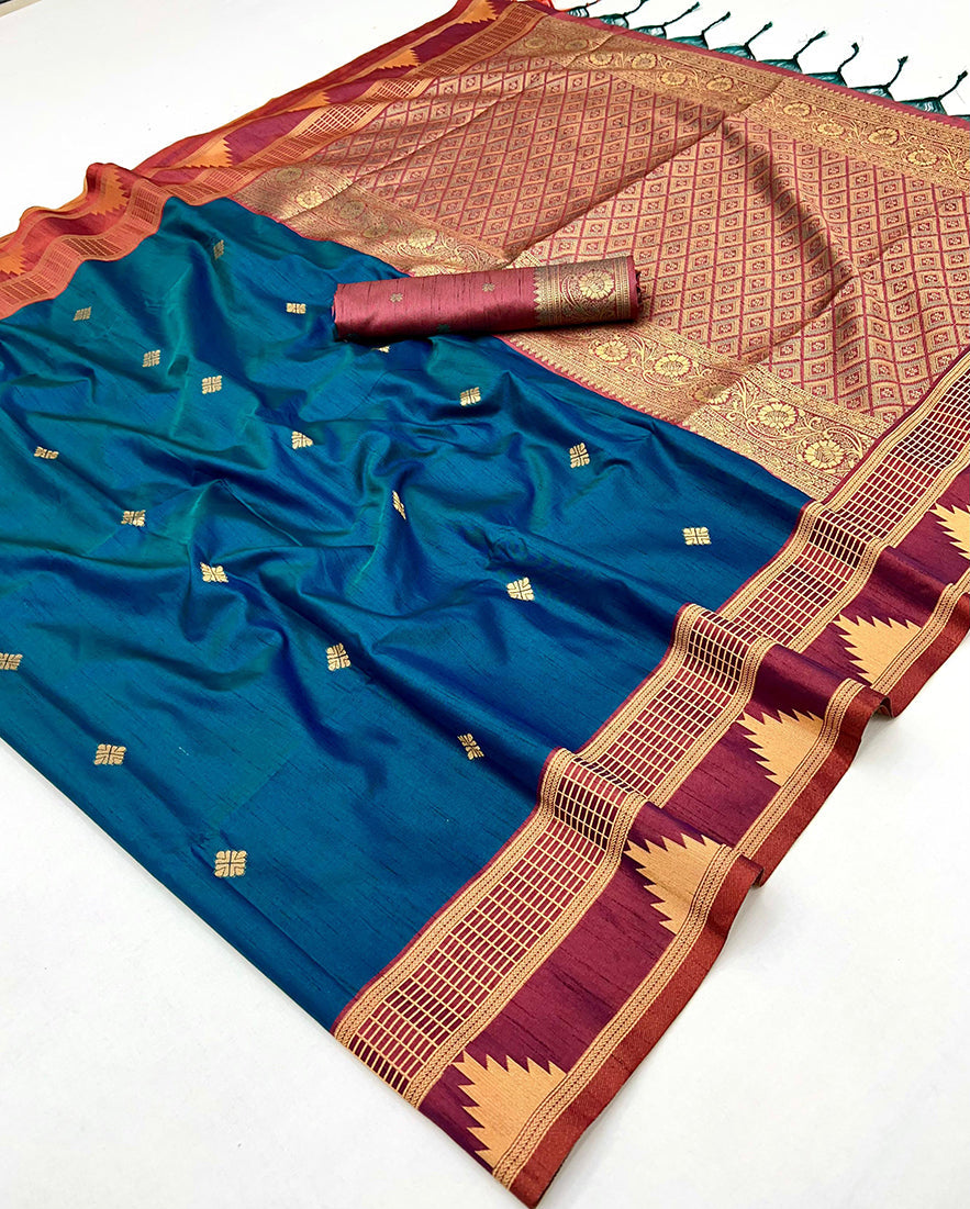 Monjolika Fashion Teal Blue Weaving Work Tussar Silk Festival Contemporary Saree - Distacart