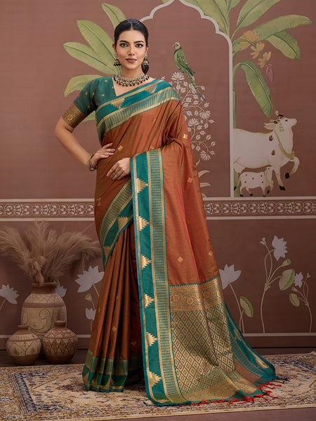 Monjolika Fashion Rust Weaving Work Tussar Silk Festival Contemporary Saree