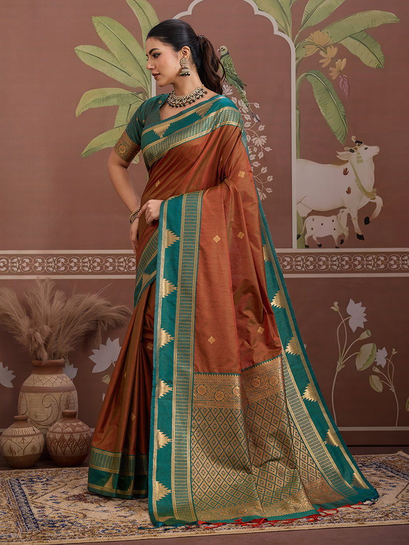 Monjolika Fashion Rust Weaving Work Tussar Silk Festival Contemporary Saree - Distacart