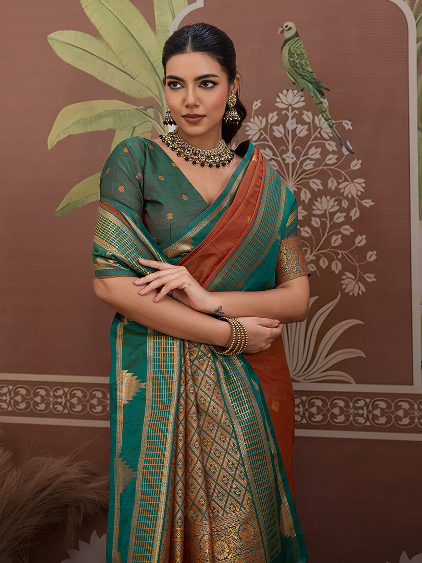 Monjolika Fashion Rust Weaving Work Tussar Silk Festival Contemporary Saree - Distacart