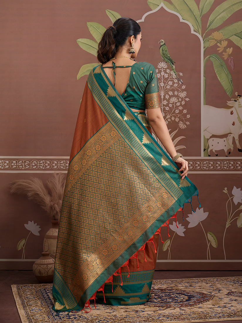 Monjolika Fashion Rust Weaving Work Tussar Silk Festival Contemporary Saree - Distacart