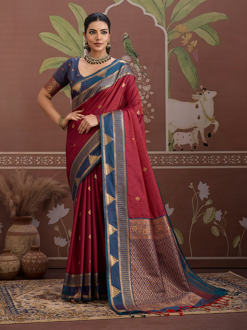 Monjolika Fashion Maroon Weaving Work Tussar Silk Festival Contemporary Saree