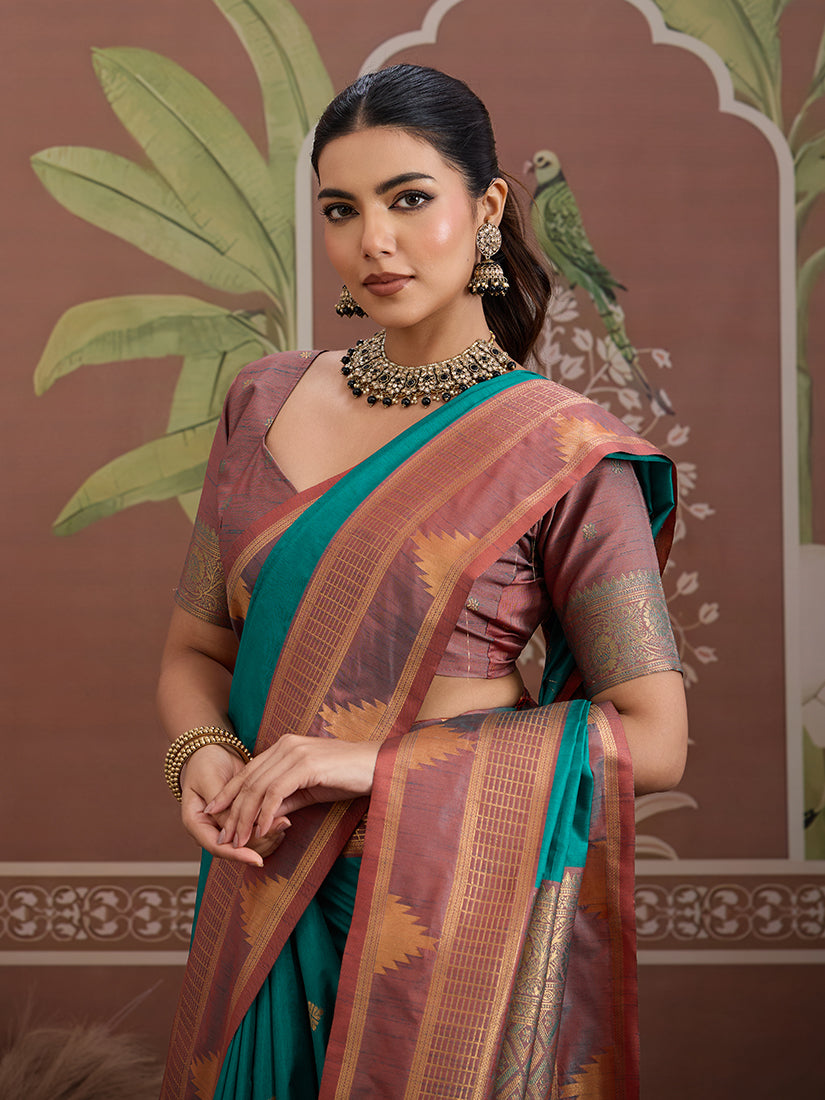 Monjolika Fashion Turquoise Weaving Work Tussar Silk Festival Contemporary Saree