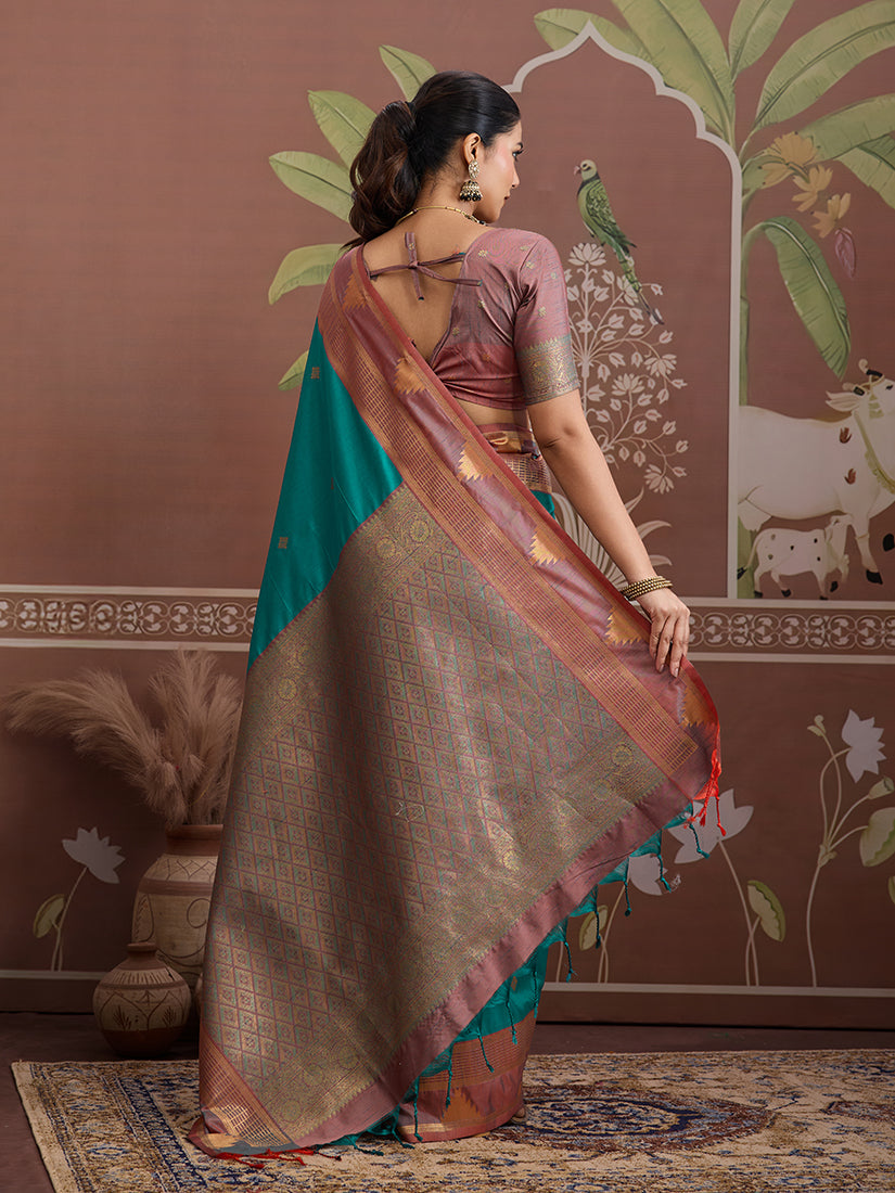 Monjolika Fashion Turquoise Weaving Work Tussar Silk Festival Contemporary Saree
