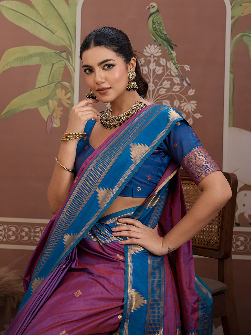 Monjolika Fashion Purple Weaving Work Tussar Silk Festival Contemporary Saree